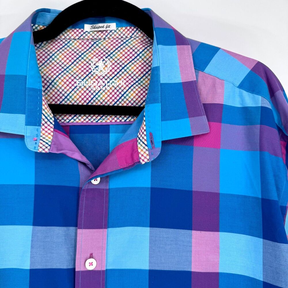 Bugatchi Mens XXL Dress Shirt Pink Blue Plaid Checked Classic Fit Long Sleeve
